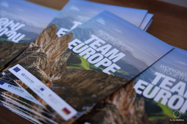 A stack of professional 'Working Better Together as Team Europe' brochures