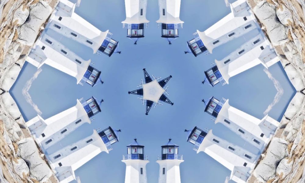 An abstract, kaleidoscopic digital art piece featuring multiple white lighthouses with blue lanterns arranged in a symmetrical, circular pattern.