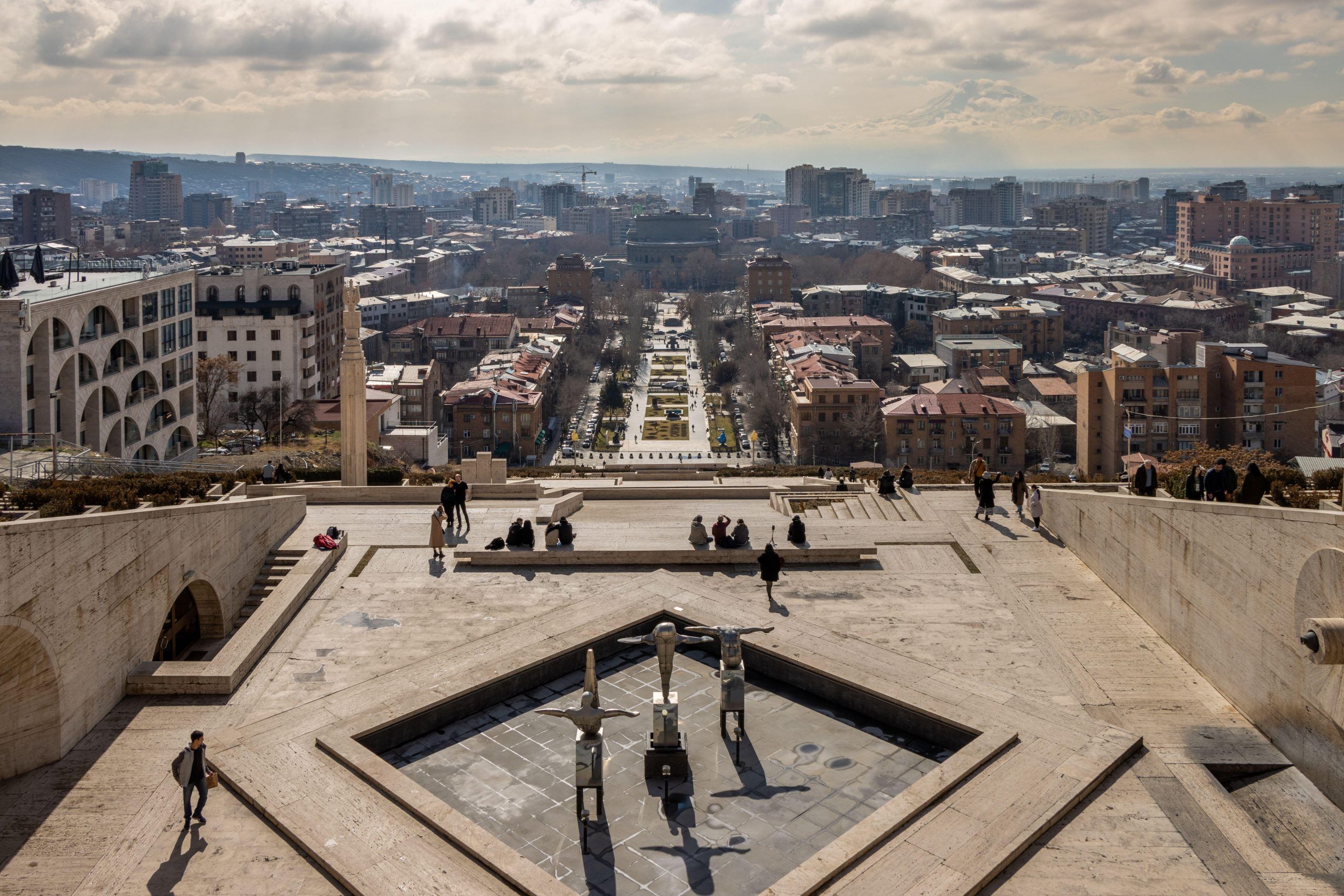 The stone terraces and sculptures of the Cafesjian Center for the Arts (Cascade) overlooking downtown Yerevan, Armenia.