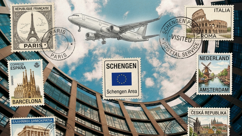 A digital postcard featuring the European Parliament courtyard in Strasbourg as the background and with vintage-style postage stamps showcasing iconic landmarks: the Eiffel Tower (Paris), the Colosseum (Rome), the Sagrada Família (Barcelona), a windmill in Amsterdam, the Parthenon (Athens), and Prague Castle. At the center is a "Schengen Area" stamp with the EU flag.