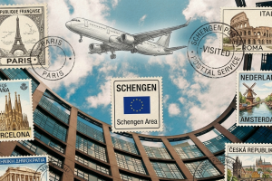 A digital postcard featuring the European Parliament courtyard in Strasbourg as the background and with vintage-style postage stamps showcasing iconic landmarks: the Eiffel Tower (Paris), the Colosseum (Rome), the Sagrada Família (Barcelona), a windmill in Amsterdam, the Parthenon (Athens), and Prague Castle. At the center is a "Schengen Area" stamp with the EU flag.